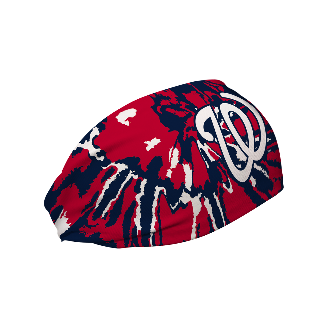 Side view of MLB Washington Nationals Tie-Dye headband with cap logo. Made in USA, Vertical Athletics brand.  