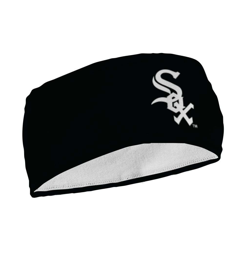 Side view of MLB Chicago White Sox black  fleece headband with cap logo. Made in USA, Vertical Athletics brand. 