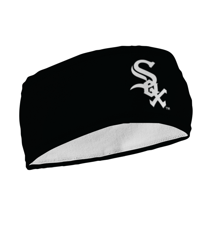 Side view of MLB Chicago White Sox black  fleece headband with cap logo. Made in USA, Vertical Athletics brand. 