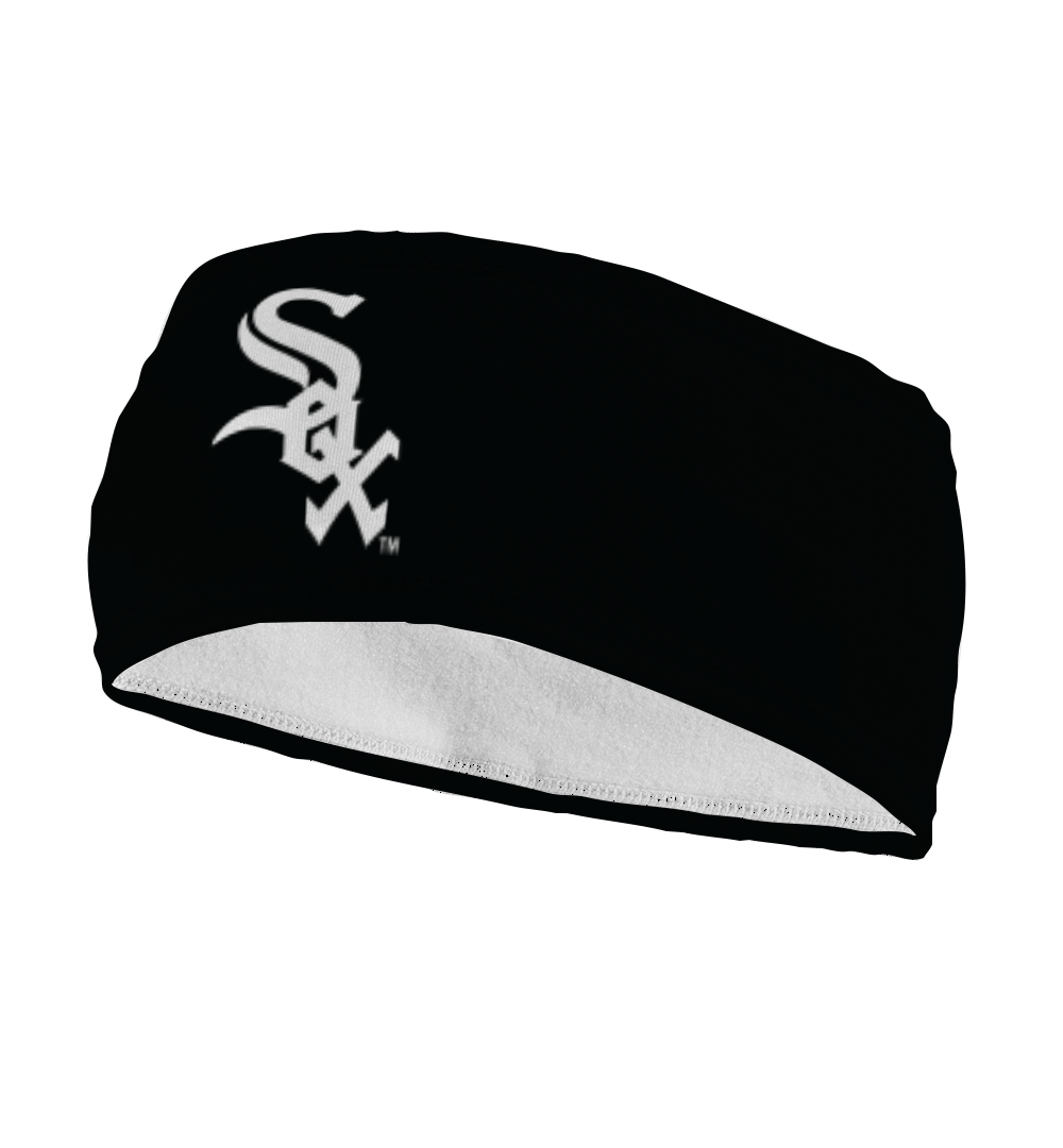 Side view of MLB Chicago White Sox black  fleece headband with cap logo. Made in USA, Vertical Athletics brand. Not a Junk headband.