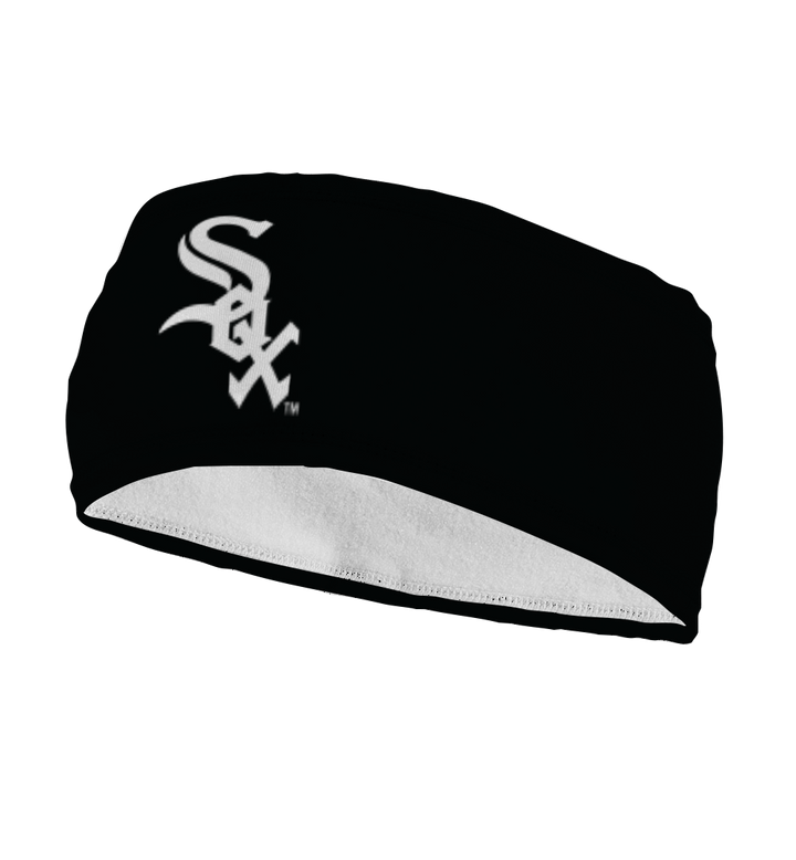 Side view of MLB Chicago White Sox black  fleece headband with cap logo. Made in USA, Vertical Athletics brand. Not a Junk headband.