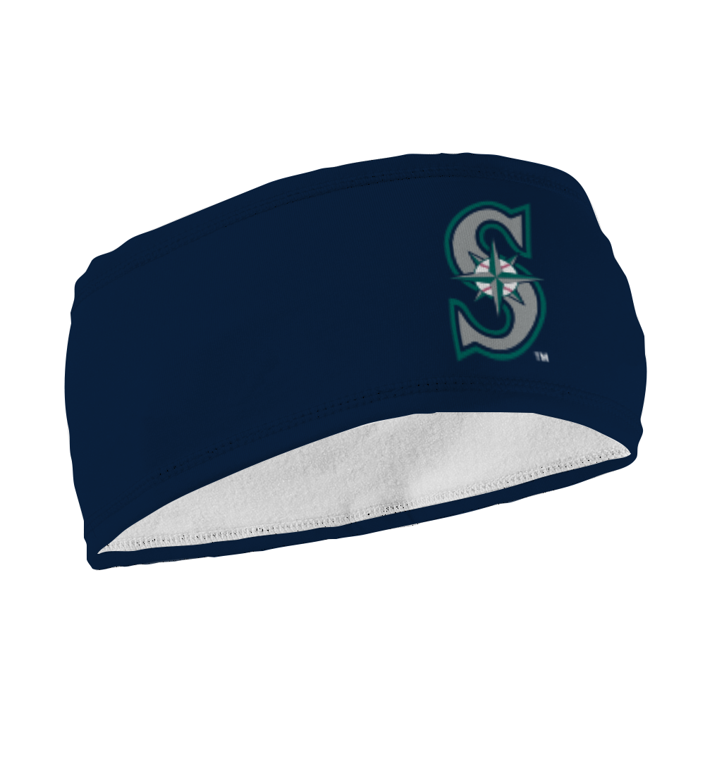 Side view of Seattle Mariners navy fleece headband with cap logo. Made in USA, Vertical Athletics brand.  