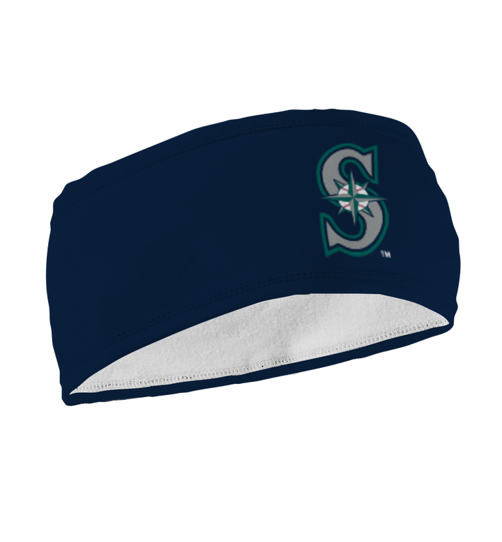 Side view of Seattle Mariners navy fleece headband with cap logo. Made in USA, Vertical Athletics brand.  