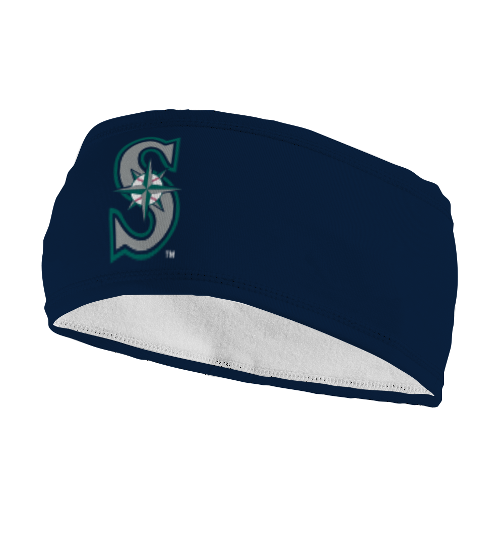 Side view of Seattle Mariners navy fleece headband with cap logo. Made in USA, Vertical Athletics brand. 