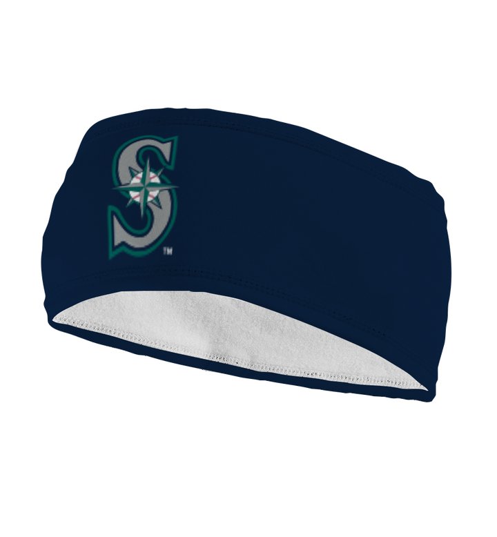 Side view of Seattle Mariners navy fleece headband with cap logo. Made in USA, Vertical Athletics brand. 