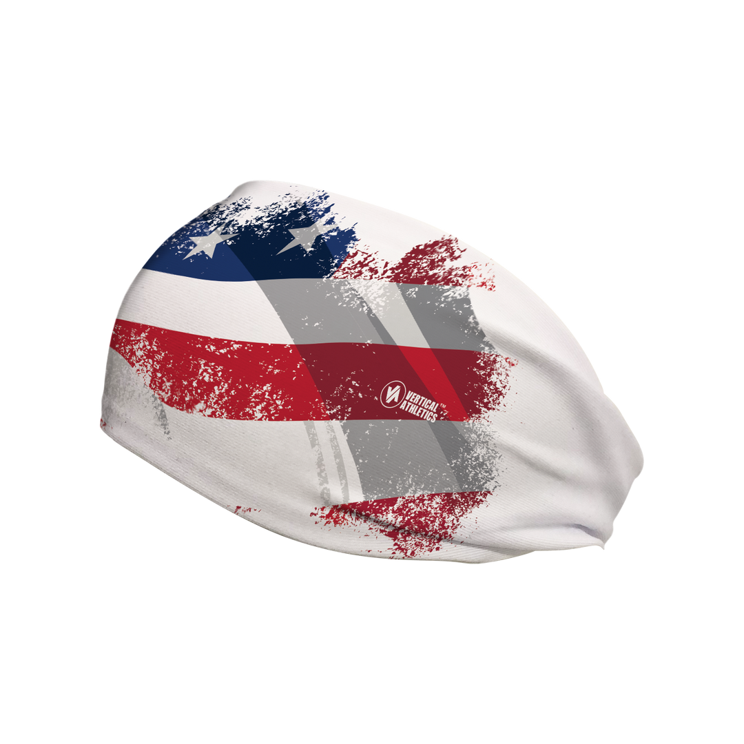 Side view of  White Flag Fade  headband. Made in USA, Vertical Athletics brand.