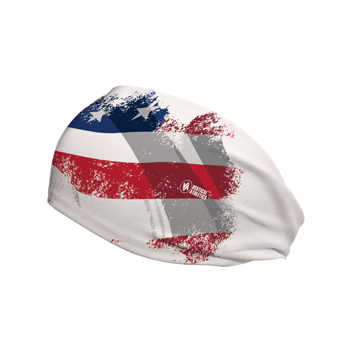 Side view of  White Flag Fade  headband. Made in USA, Vertical Athletics brand.