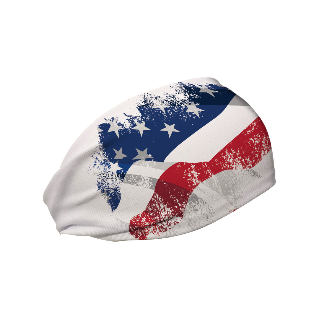 Side view of  White Flag Fade  headband. Made in USA, Vertical Athletics brand.