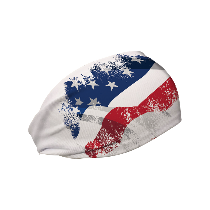 Side view of  White Flag Fade  headband. Made in USA, Vertical Athletics brand.