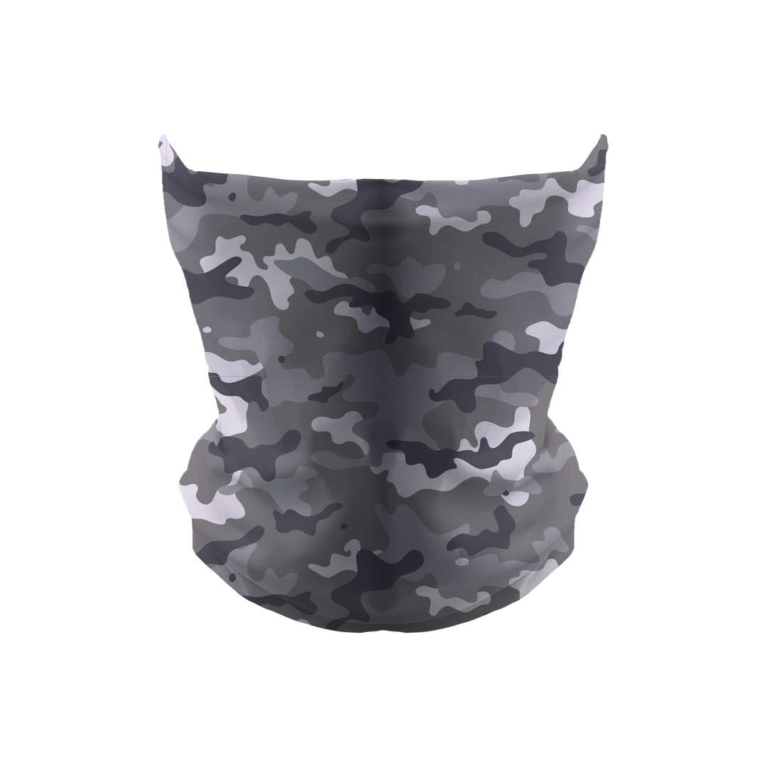 Soft & Cozy All Season Fashion Gaiter: Gray Camo. Made in USA. Vertical Athletics Brand.