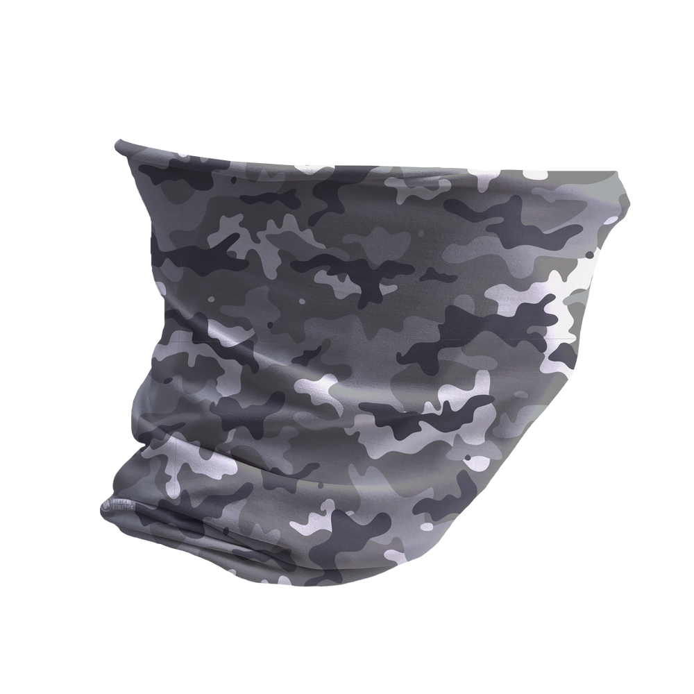 Soft & Cozy All Season Fashion Gaiter: Gray Camo. Made in USA. Vertical Athletics Brand.