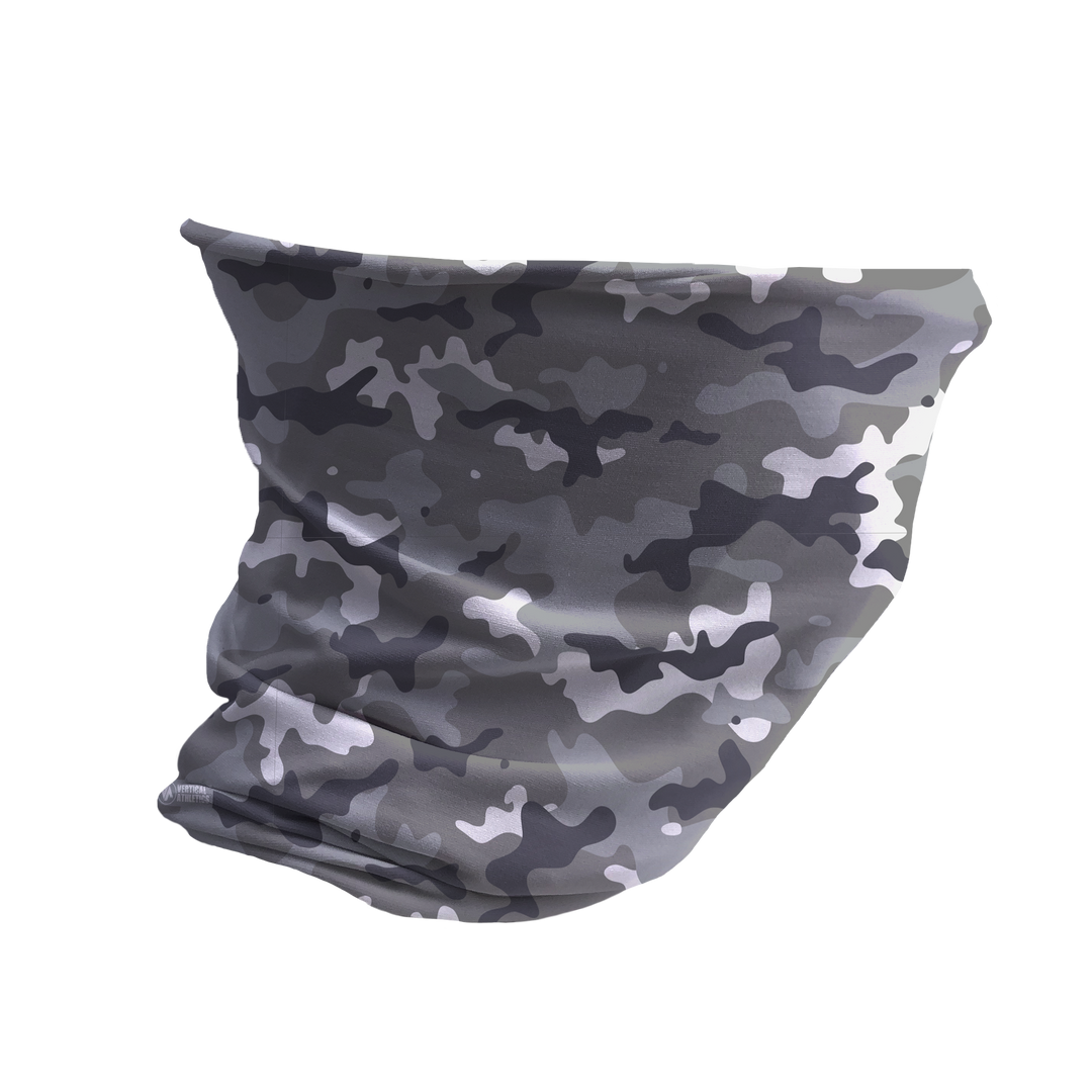 Soft &amp; Cozy All Season Fashion Gaiter: Gray Camo. Made in USA. Vertical Athletics Brand.