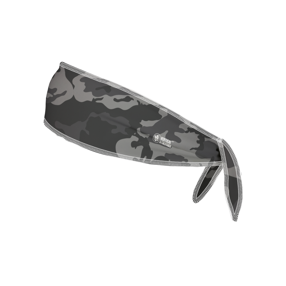 Side view of Gray Camo Tie-Back Cooling Headband. Made in USA, Vertical Athletics brand. Not a Junk headband.