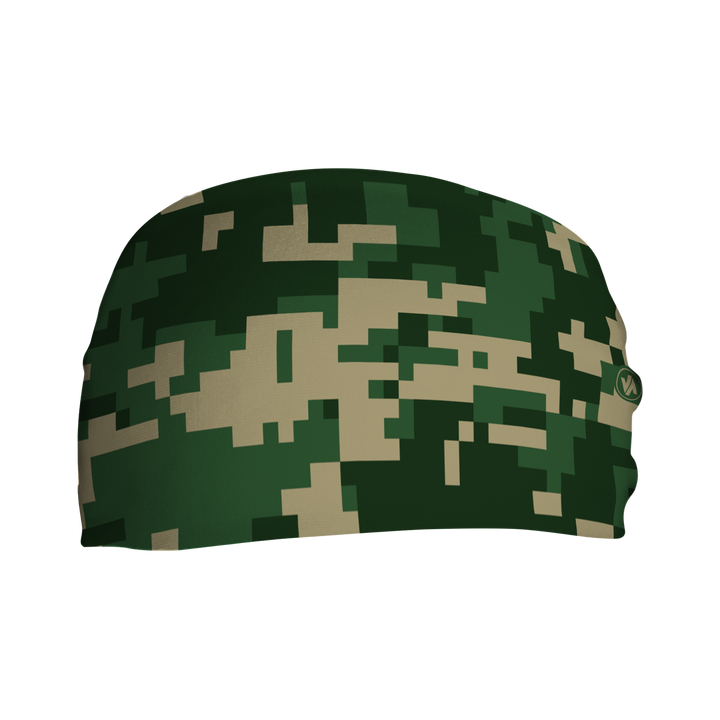 Front view of Digi Green Camo headband. Made in USA, Vertical Athletics brand.
