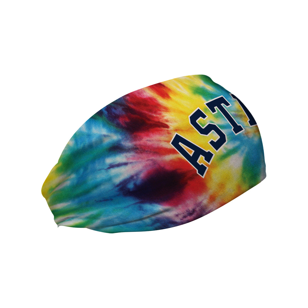 Front view of Huston Astros Rainbow Tie-Dye headband with Wordmark Logo. Made in USA, Vertical Athletics brand. 