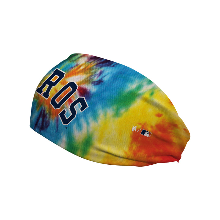 Front view of Huston Astros Rainbow Tie-Dye headband with Wordmark Logo. Made in USA, Vertical Athletics brand. 