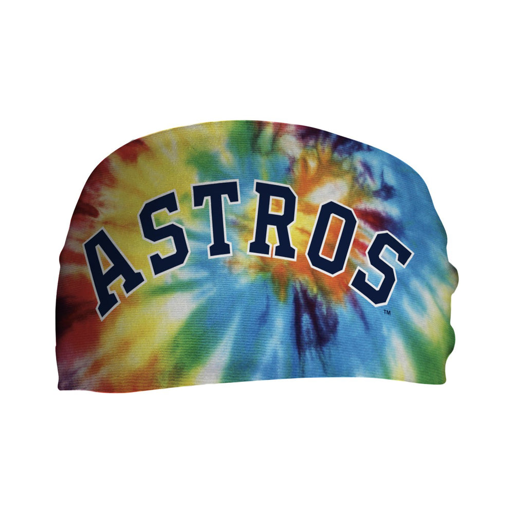 Front view of Huston Astros Rainbow Tie-Dye headband with Wordmark Logo. Made in USA, Vertical Athletics brand. 