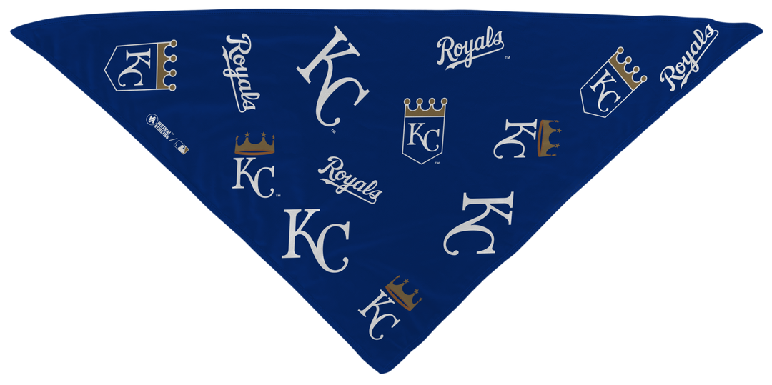 MLB Kansas CIty Royals cooling  triangle bandana with logos all over. Made in USA, Vertical Athletics brand.  
