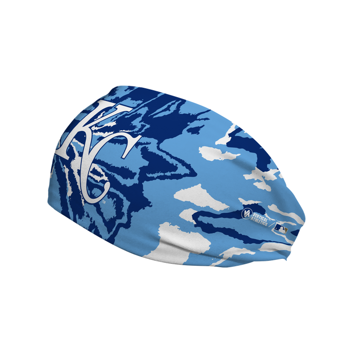 Side view of Kansas City Tie-Dye headband with Cap Logo. Made in USA, Vertical Athletics brand. 