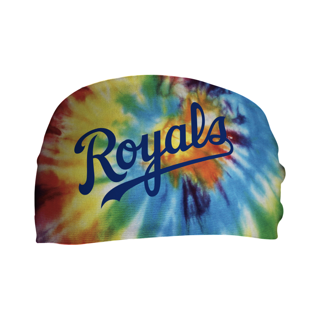 Front view of Kansas City Royals Tie-Dye headband with Wordmark Logo. Made in USA, Vertical Athletics brand. 