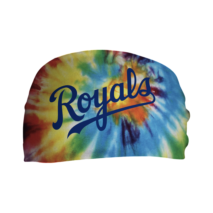 Front view of Kansas City Royals Tie-Dye headband with Wordmark Logo. Made in USA, Vertical Athletics brand. 