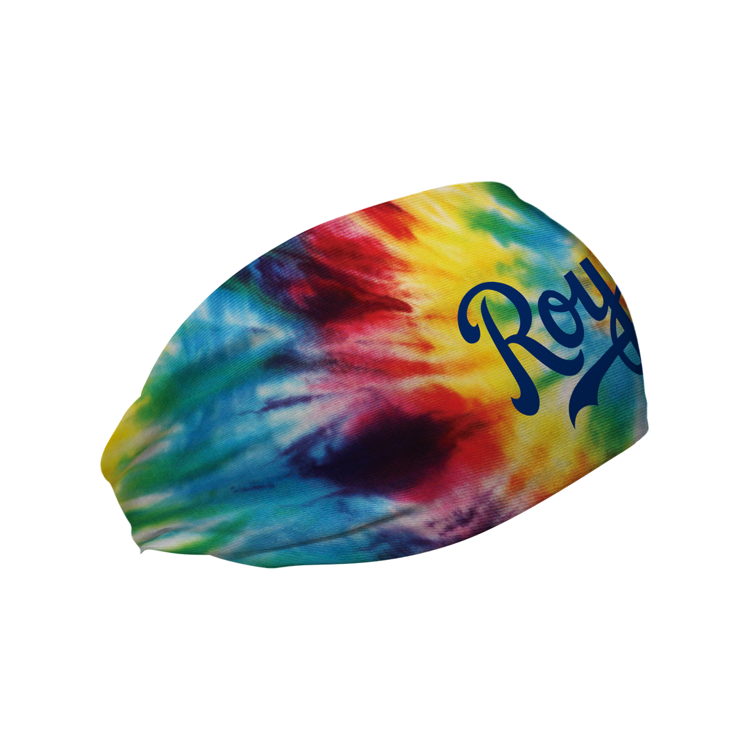Side view of Kansas City Royals Tie-Dye headband with Wordmark Logo. Made in USA, Vertical Athletics brand. 