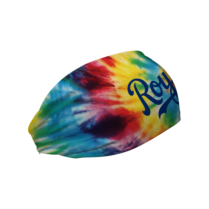 Side view of Kansas City Royals Tie-Dye headband with Wordmark Logo. Made in USA, Vertical Athletics brand. 