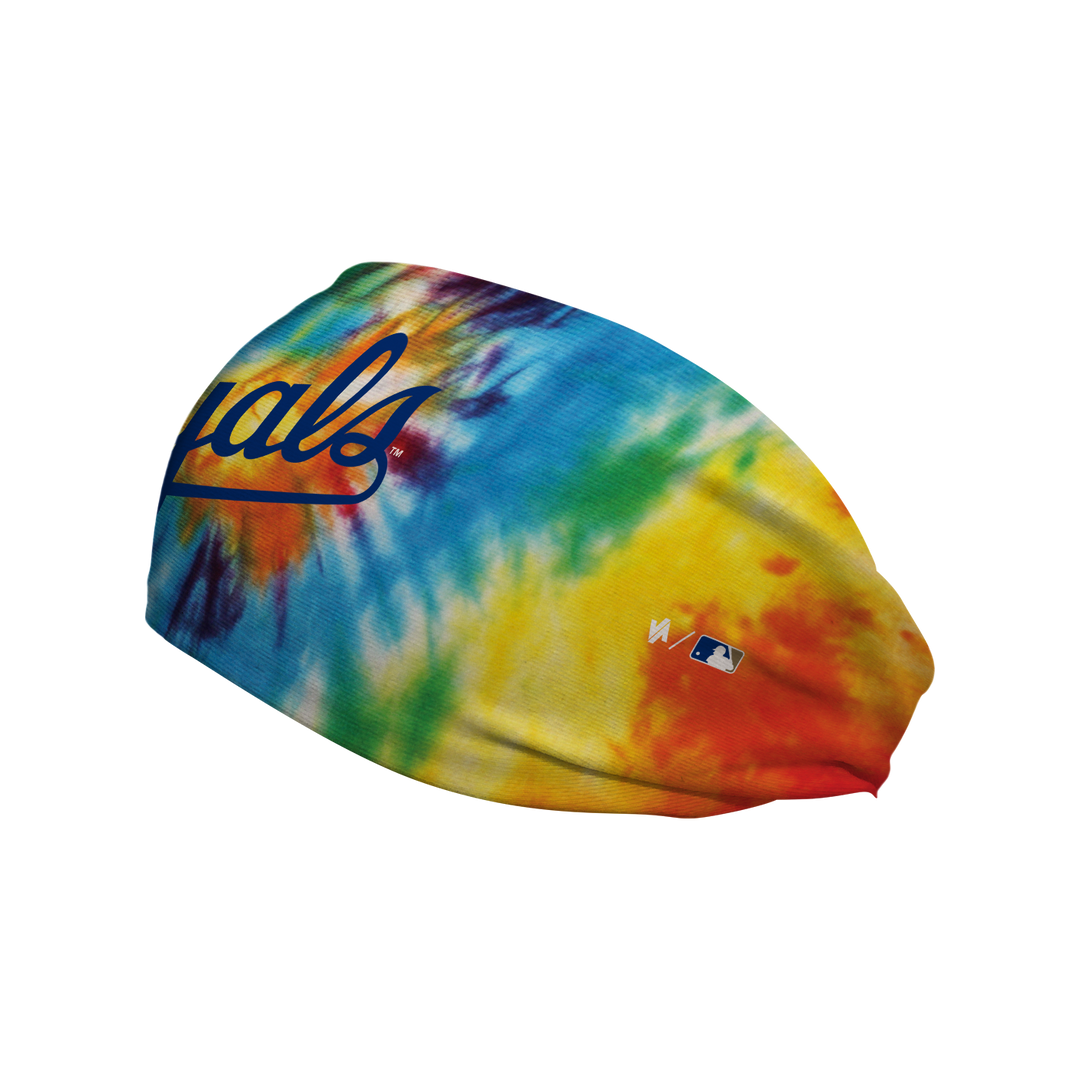 Side view of Kansas City Royals Tie-Dye headband with Wordmark Logo. Made in USA, Vertical Athletics brand.