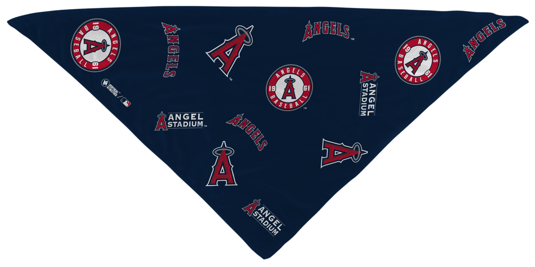 MLB Los Angeles Angels navy triangle bandana with logos all over. Made in USA, Vertical Athletics brand.  