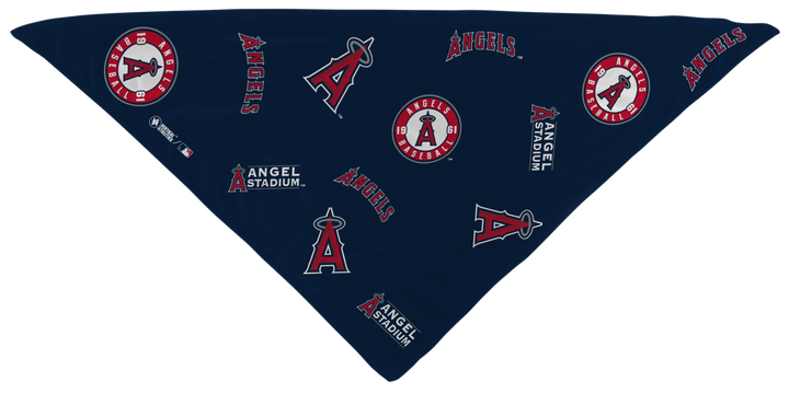 MLB Los Angeles Angels navy triangle bandana with logos all over. Made in USA, Vertical Athletics brand.  
