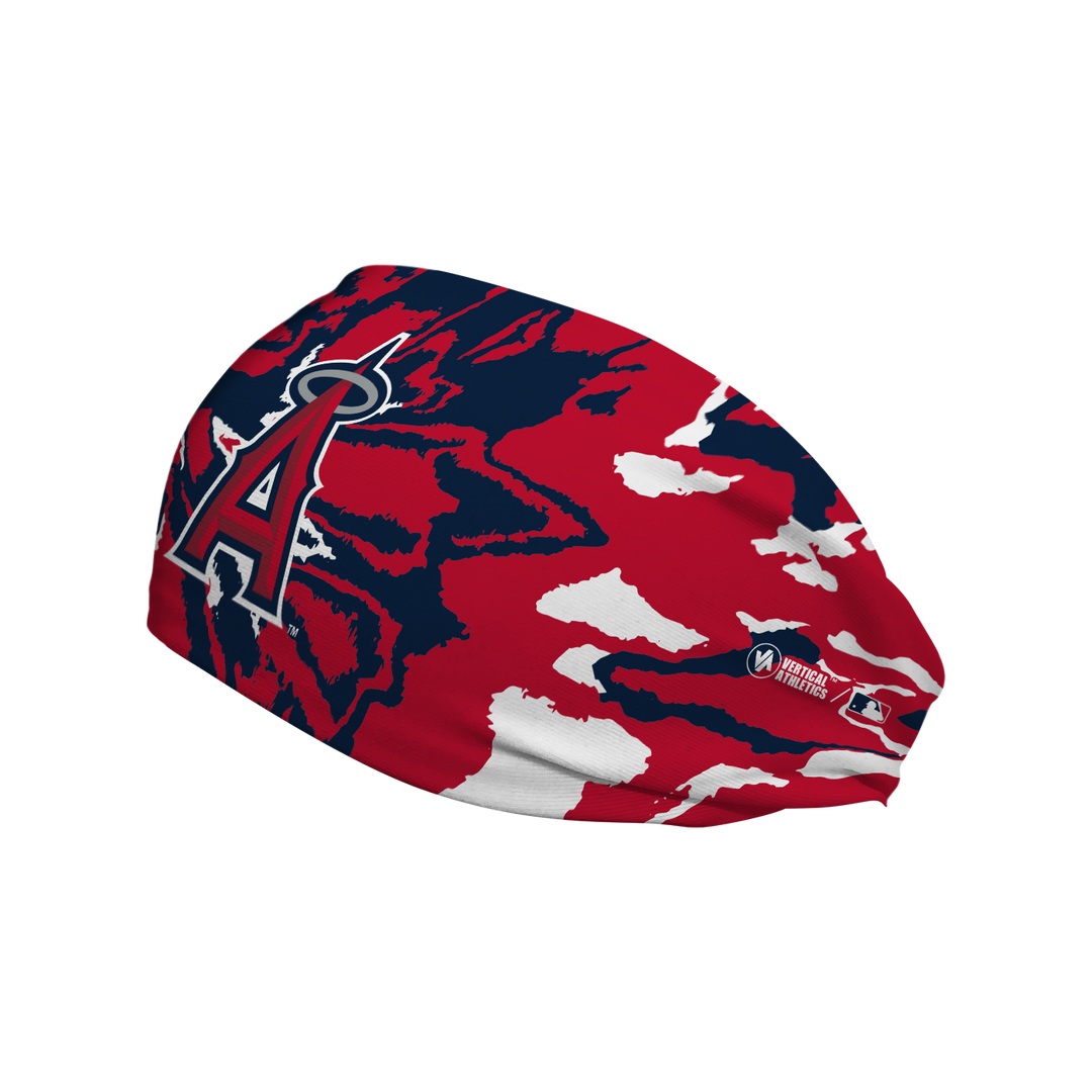 Side view of Los Angeles Angels Red Tie-Dye headband with Cap Logo. Made in USA, Vertical Athletics brand. 