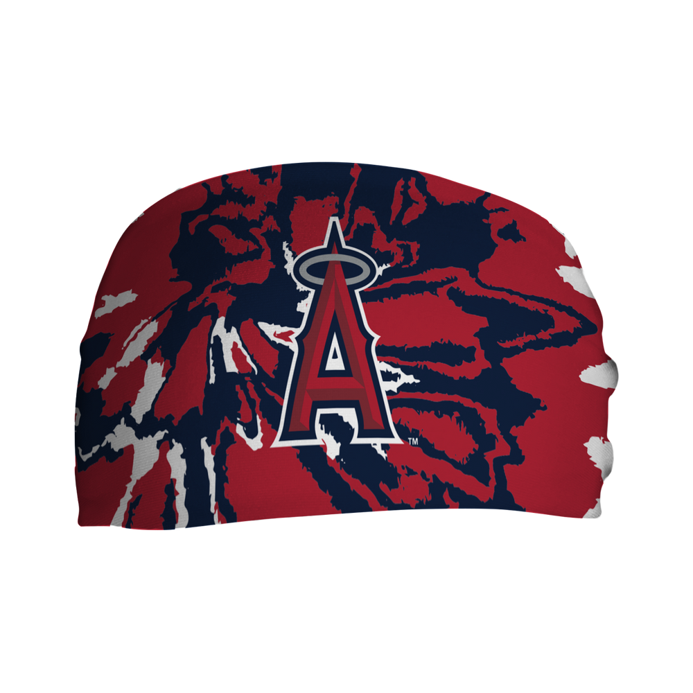 Front view of Los Angeles Angels Red Tie-Dye headband with Cap Logo. Made in USA, Vertical Athletics brand.  