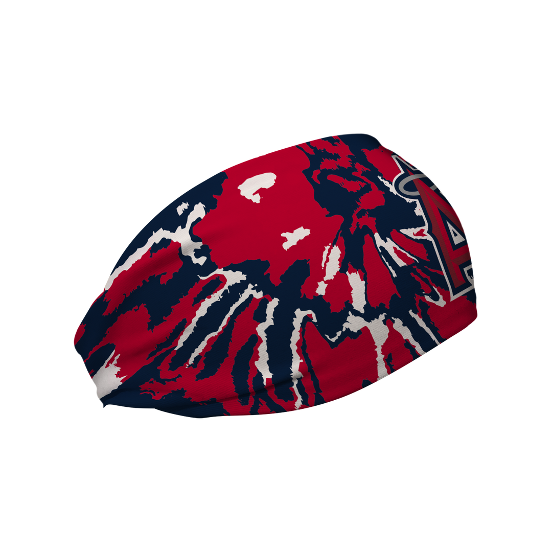 Side view of Los Angeles Angels Red Tie-Dye headband with Cap Logo. Made in USA, Vertical Athletics brand.  