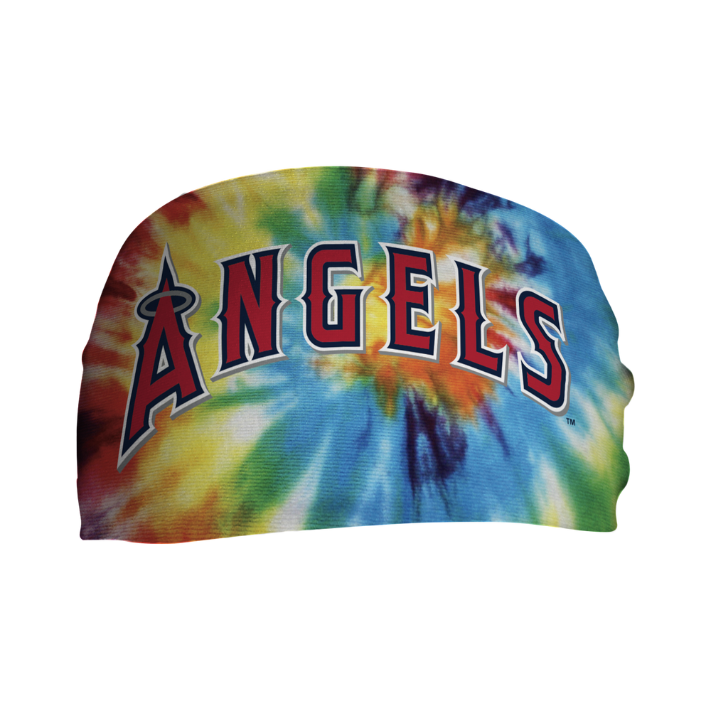 Front view of Los Angeles Angels Rainbow Tie-Dye headband with Cap Logo. Made in USA, Vertical Athletics brand.  