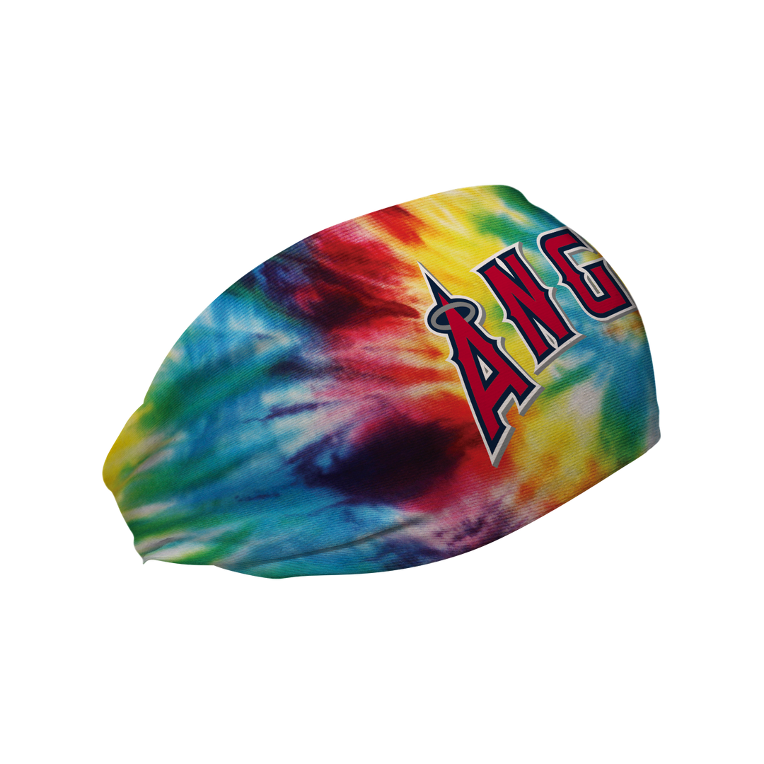 Side view of Los Angeles Angels Rainbow Tie-Dye headband with Cap Logo. Made in USA, Vertical Athletics brand.  