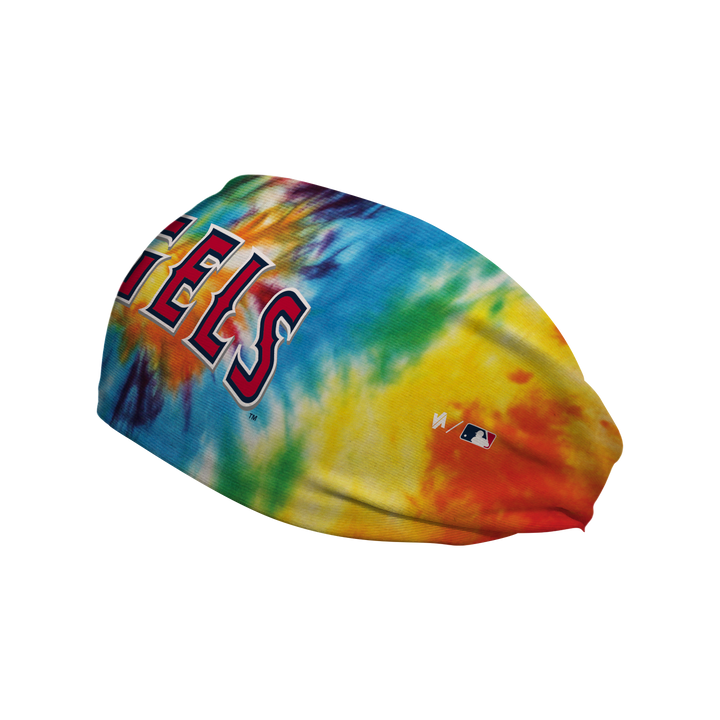 Side view of Los Angeles Angels Rainbow Tie-Dye headband with Cap Logo. Made in USA, Vertical Athletics brand.  