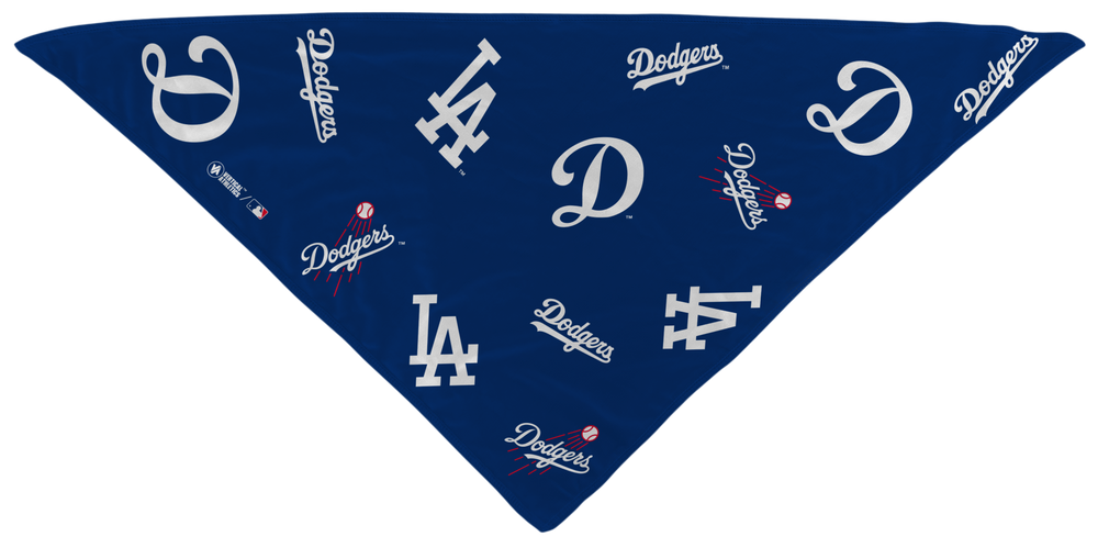 MLB Los Angeles Dodgers royal cooling triangle bandana with logos all over. Made in USA, Vertical Athletics brand. 