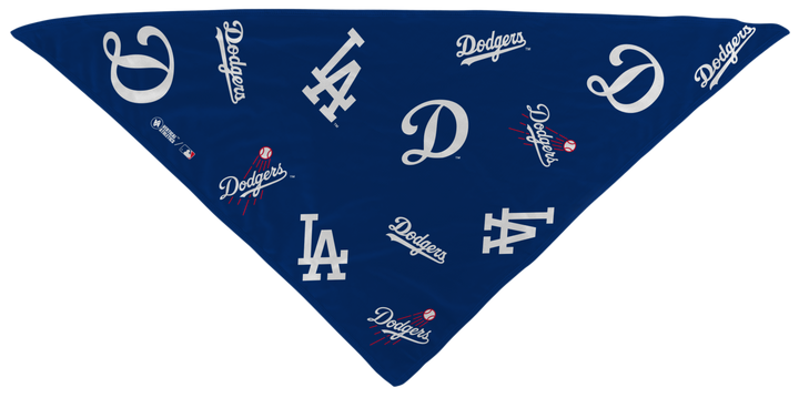 MLB Los Angeles Dodgers royal cooling triangle bandana with logos all over. Made in USA, Vertical Athletics brand. 