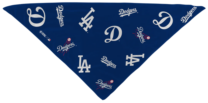 MLB licensed Los Angeles Dodgers Triple Play Cooling Bundle: Cooling Triangle Bandana with All Over logo. Made in USA. Vertical Athletics Brand. 
