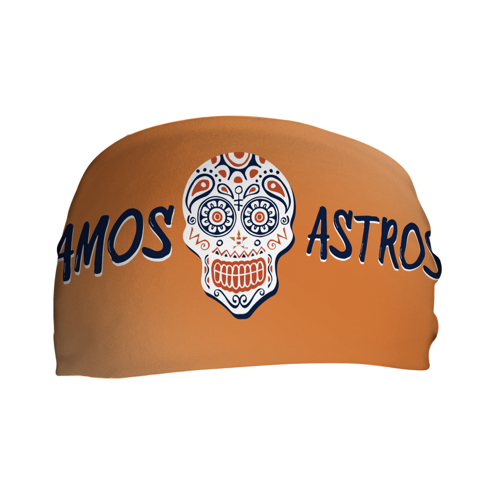 Front view of MLB Houston Astros orange headband with Vamos design. Made in USA, Vertical Athletics brand.  