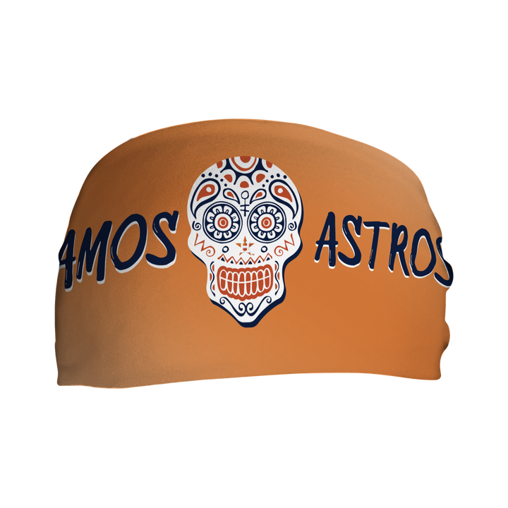 Front view of MLB Houston Astros orange headband with Vamos design. Made in USA, Vertical Athletics brand.  