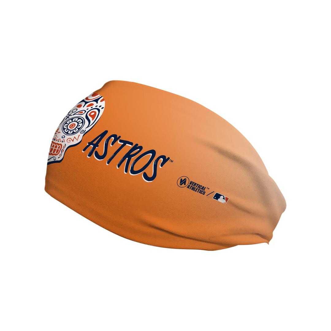 Side view of MLB Houston Astros orange headband with Vamos design. Made in USA, Vertical Athletics brand. 
