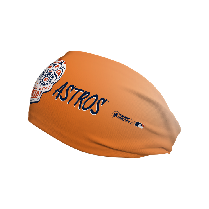 Side view of MLB Houston Astros orange headband with Vamos design. Made in USA, Vertical Athletics brand. 