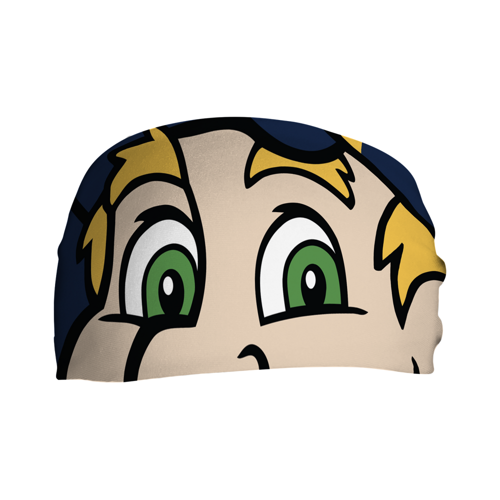 Front view of MLB Milwaukee Brewers headband with Bernie Brewer mascot stare. Made in USA, Vertical Athletics brand.  