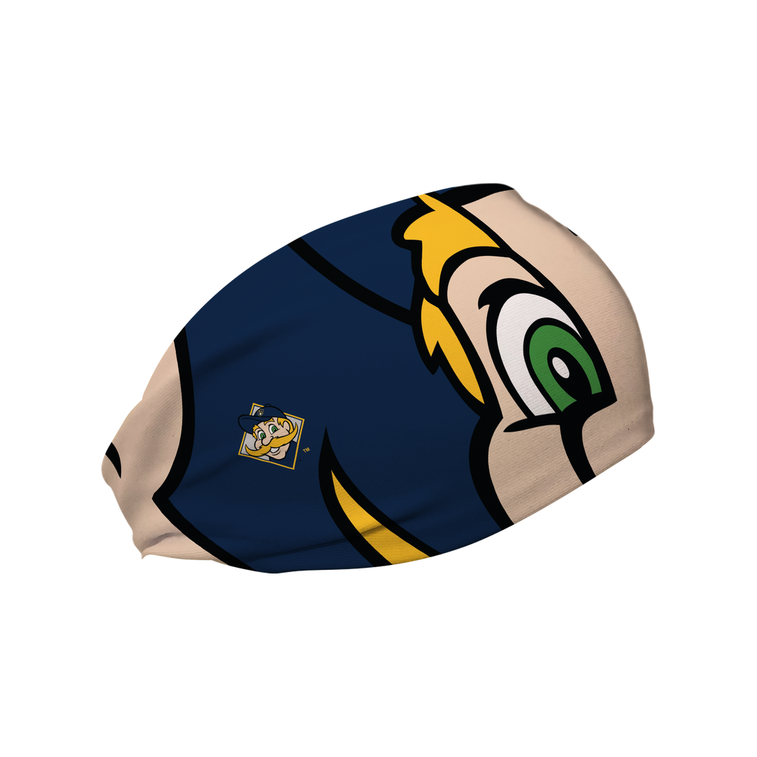 Side view of MLB Milwaukee Brewers headband with Bernie Brewer mascot stare. Made in USA, Vertical Athletics brand.  