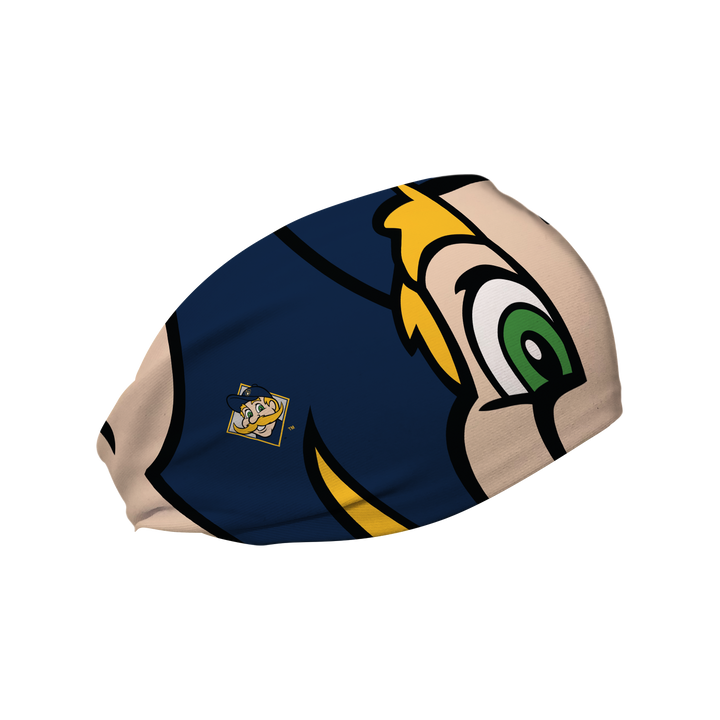 Side view of MLB Milwaukee Brewers headband with Bernie Brewer mascot stare. Made in USA, Vertical Athletics brand.  