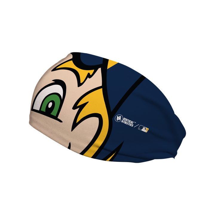 Side view of MLB Milwaukee Brewers headband with Bernie Brewer mascot stare. Made in USA, Vertical Athletics brand.  