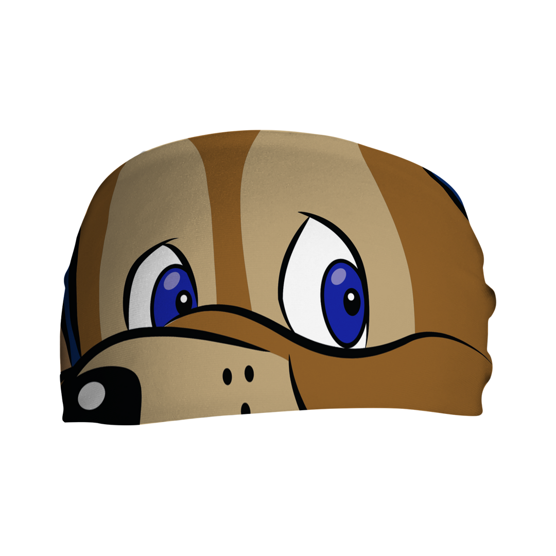 Front view of MLB Chicago Cubs headband with Clark mascot stare. Made in USA, Vertical Athletics brand. 