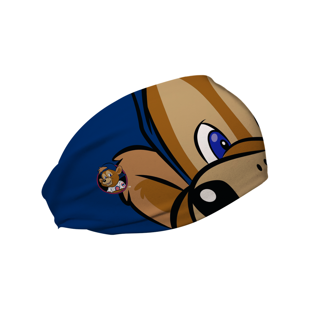 Side view of MLB Chicago Cubs headband with Clark mascot stare. Made in USA, Vertical Athletics brand. 