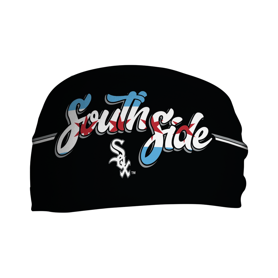 Front view of MLB Chicago White Sox black headband with South Side logo. Made in USA, Vertical  Athletics brand.  